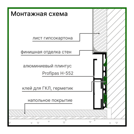Плінтус прихованого монтажу 55 мм, вбудований срібло мат  (з покриттям RAL)
